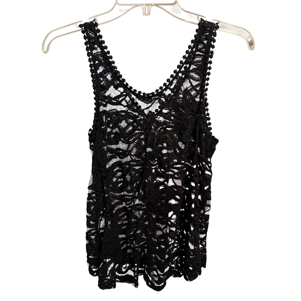 ISSI Lace Tank Top Womens Small Black Gothic Boho Sheer V-Neck Pom Pom Trim - Picture 8 of 13